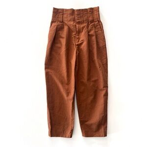 Zara High-Waisted Pleated Paperbag Linen Cotton Pants in Rust Brown Size Small